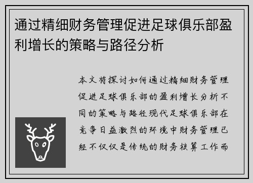 通过精细财务管理促进足球俱乐部盈利增长的策略与路径分析