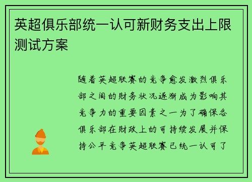 英超俱乐部统一认可新财务支出上限测试方案